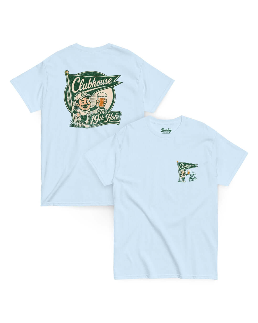 The 19th Hole T-Shirt in Light Blue with retro clubhouse front and back golf graphics