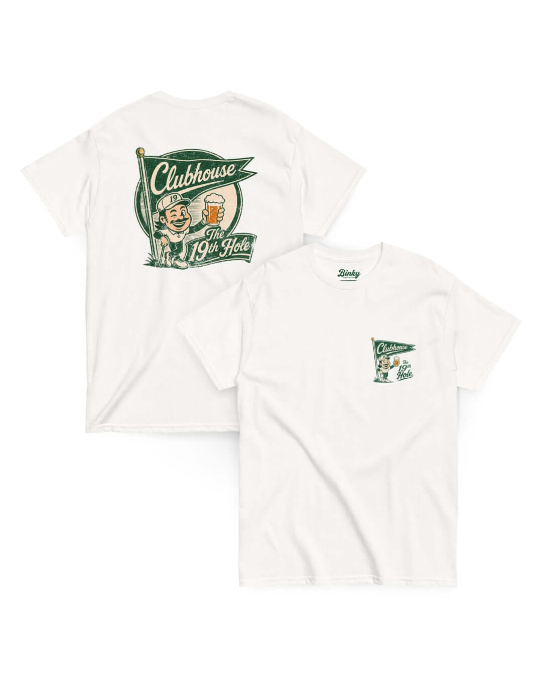 The 19th Hole T-Shirt in White with vintage 19th hole clubhouse front and back graphics
