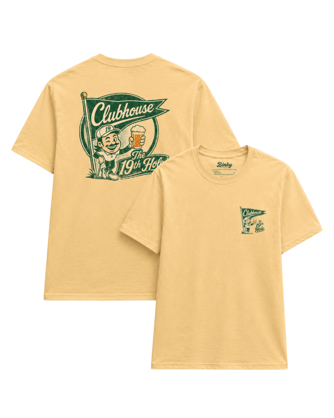 The 19th Hole T-Shirt | Clubhouse Classic in Yellow Haze with playful graphic by Binky comfywear.