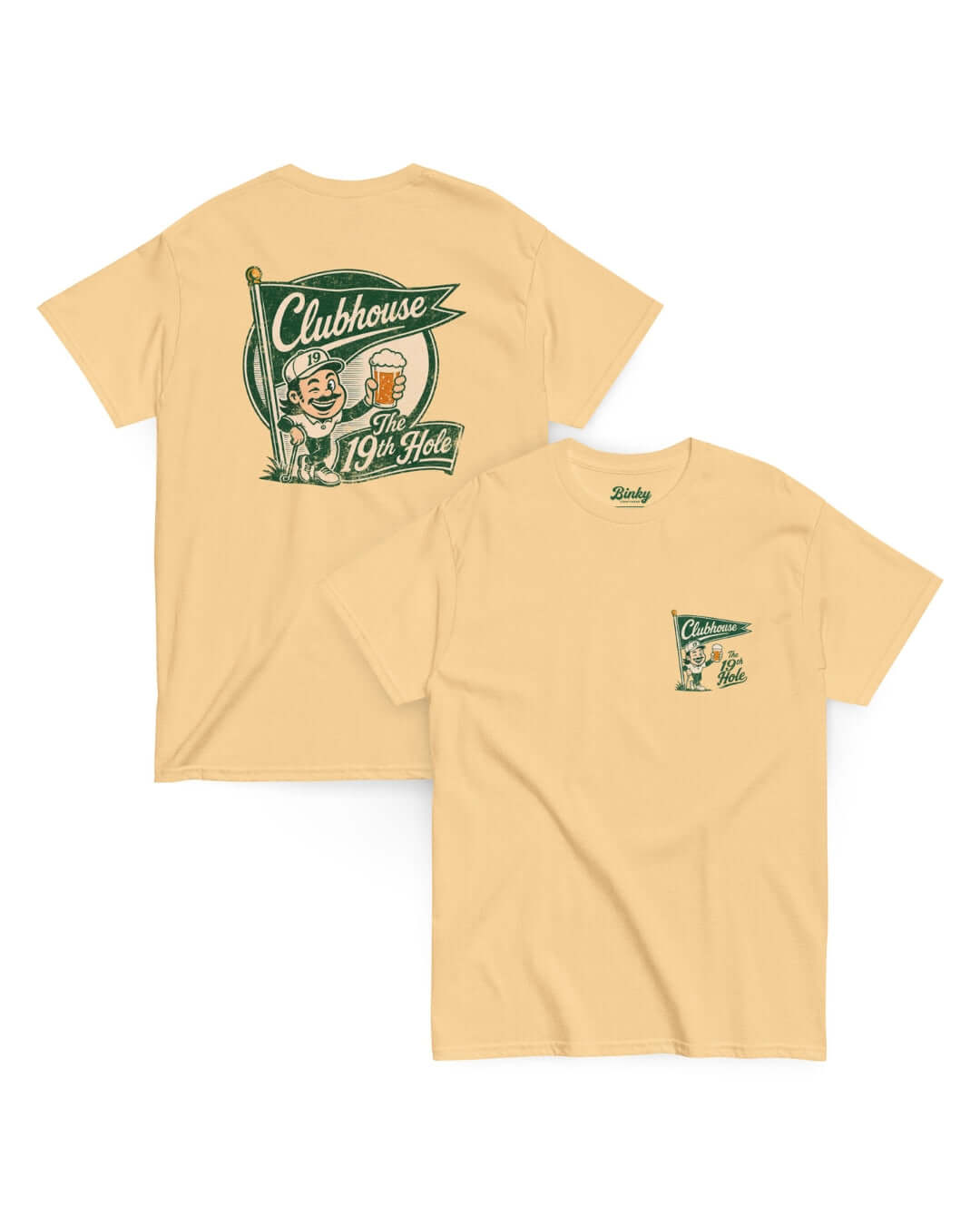 The 19th Hole T-Shirt in Yellow Haze with retro golf clubhouse front and back graphics