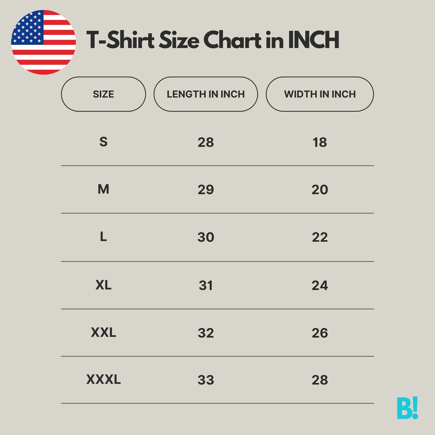 T-Shirt size chart in inches for US sizes, showing lengths and widths for S to XXXL