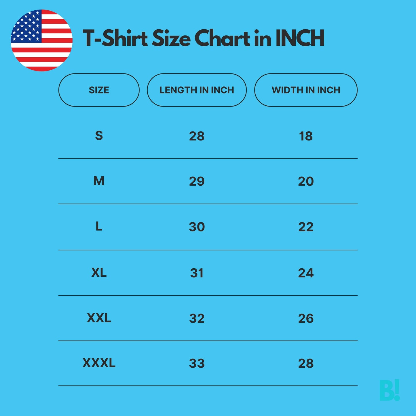 T-Shirt size chart in inches showing sizes S to XXXL with length and width measurements. Perfect for finding the right fit.