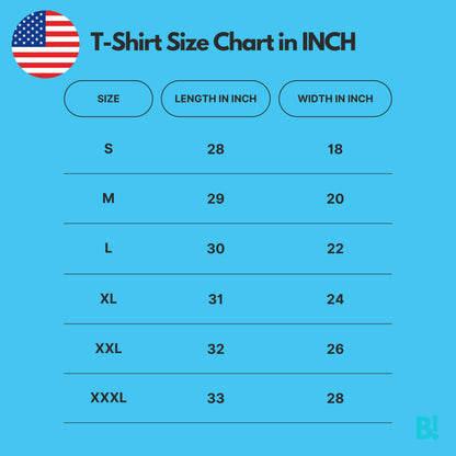 T-Shirt size chart in inches showing sizes S to XXXL with length and width measurements. Perfect for finding the right fit.