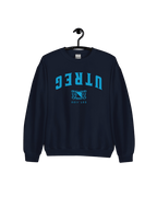 UTREG EST 1122 SWEATER featuring upside-down UTREG design and Utrecht coat of arms in blue on navy background.