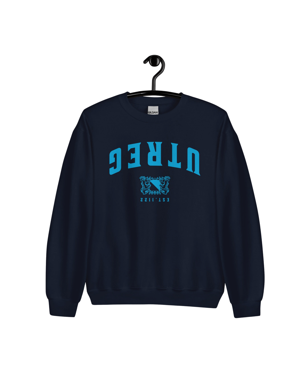 UTREG EST 1122 SWEATER featuring upside-down UTREG design and Utrecht coat of arms in blue on navy background.