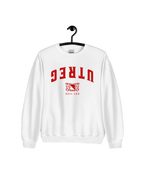 UTREG EST 1122 SWEATER on a hanger, featuring bold upside-down UTREG design and Utrecht coat of arms.