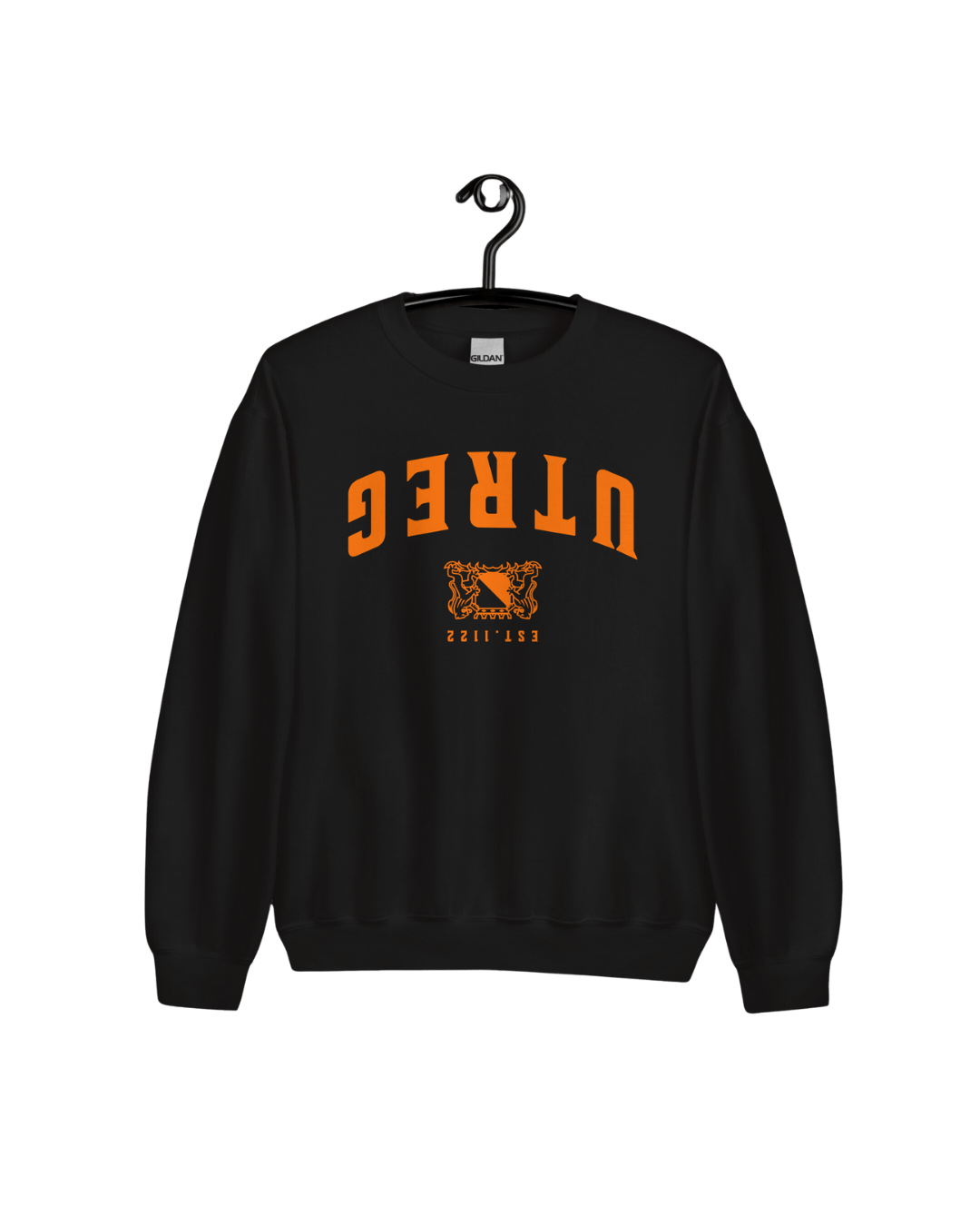 UTREG EST 1122 SWEATER in black featuring upside-down UTREG design and Utrecht coat of arms.