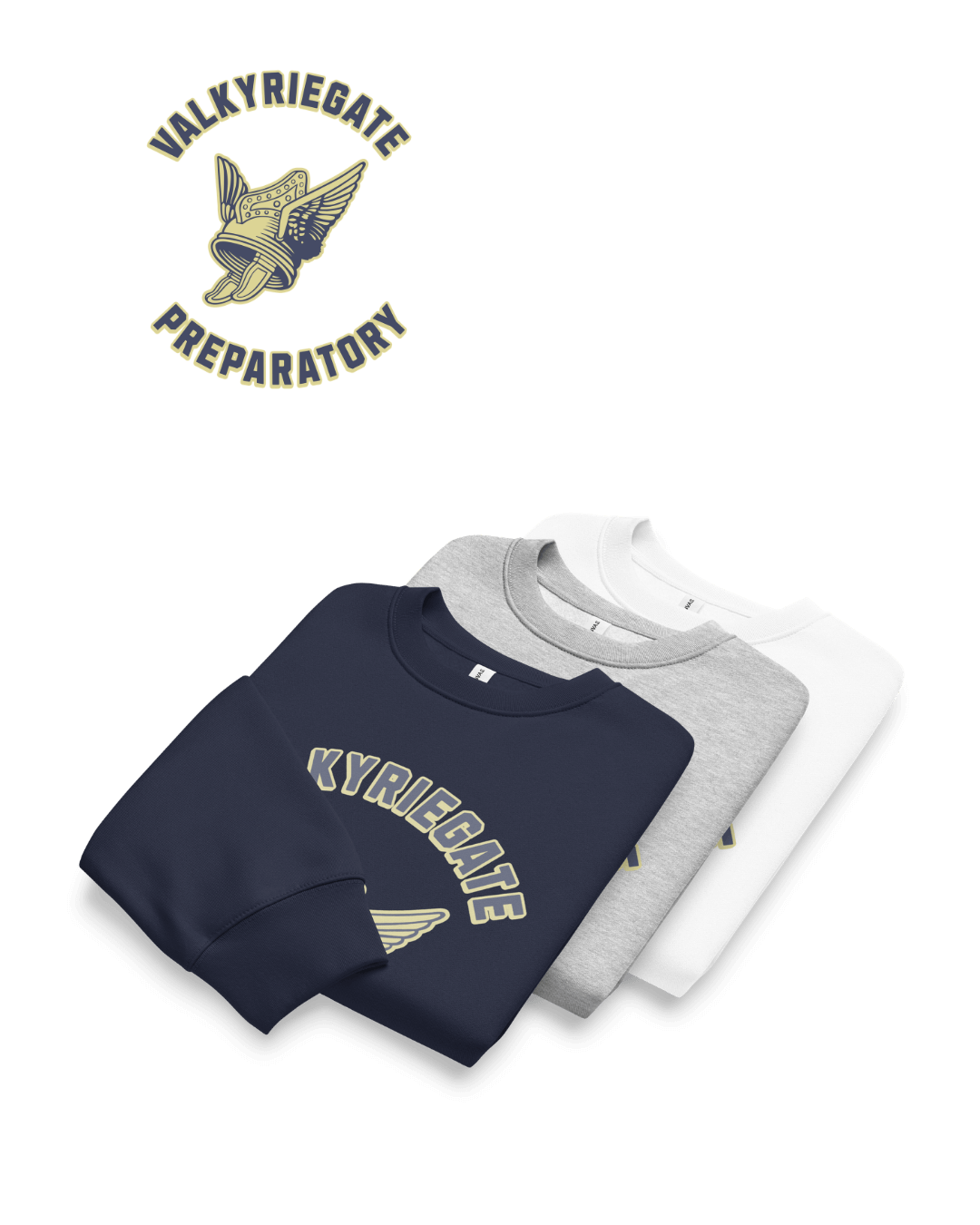 VALKYRIE GATE HEAVY SWEATER in navy, grey, and white with winged helmet emblem and collegiate lettering.