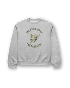 VALKYRIE GATE HEAVY SWEATER in gray with winged helmet emblem and collegiate lettering.