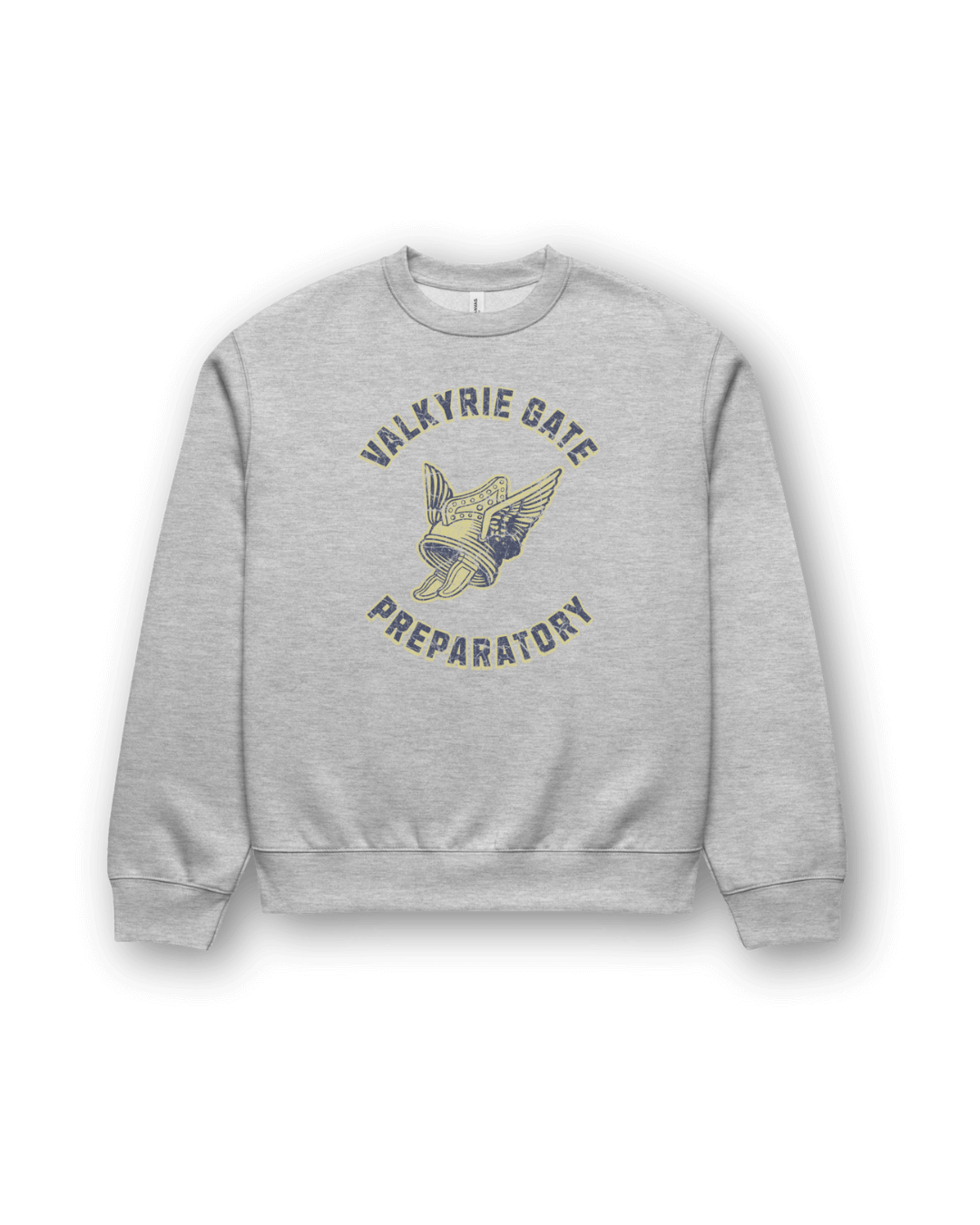 VALKYRIE GATE HEAVY SWEATER in gray with winged helmet emblem and collegiate lettering.