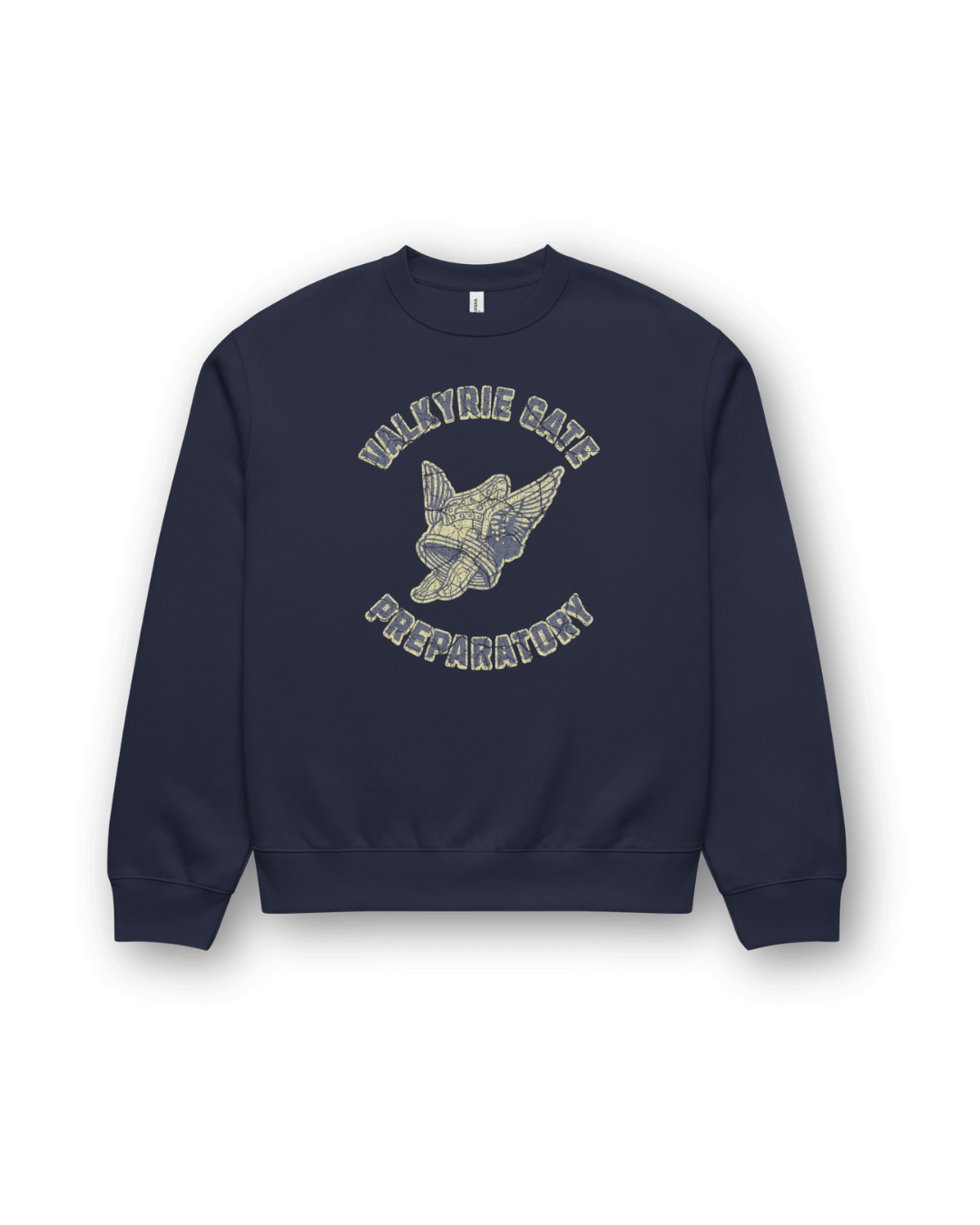 VALKYRIE GATE HEAVY SWEATER featuring a winged helmet emblem and collegiate lettering for retro ski & streetwear.