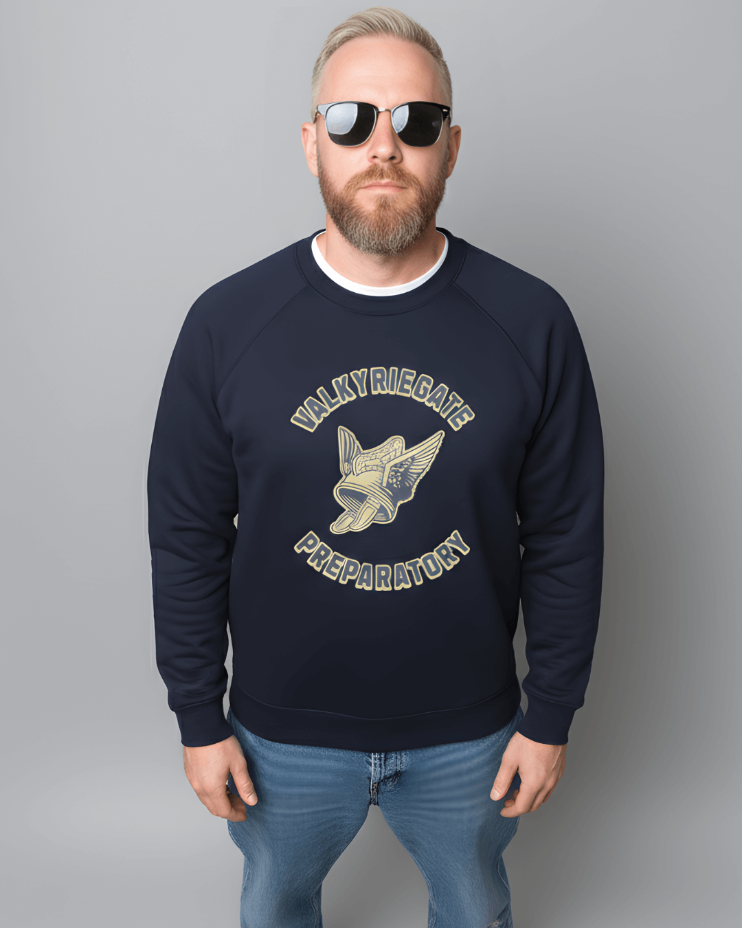 A man wearing a VALKYRIE GATE HEAVY SWEATER featuring a winged helmet emblem.