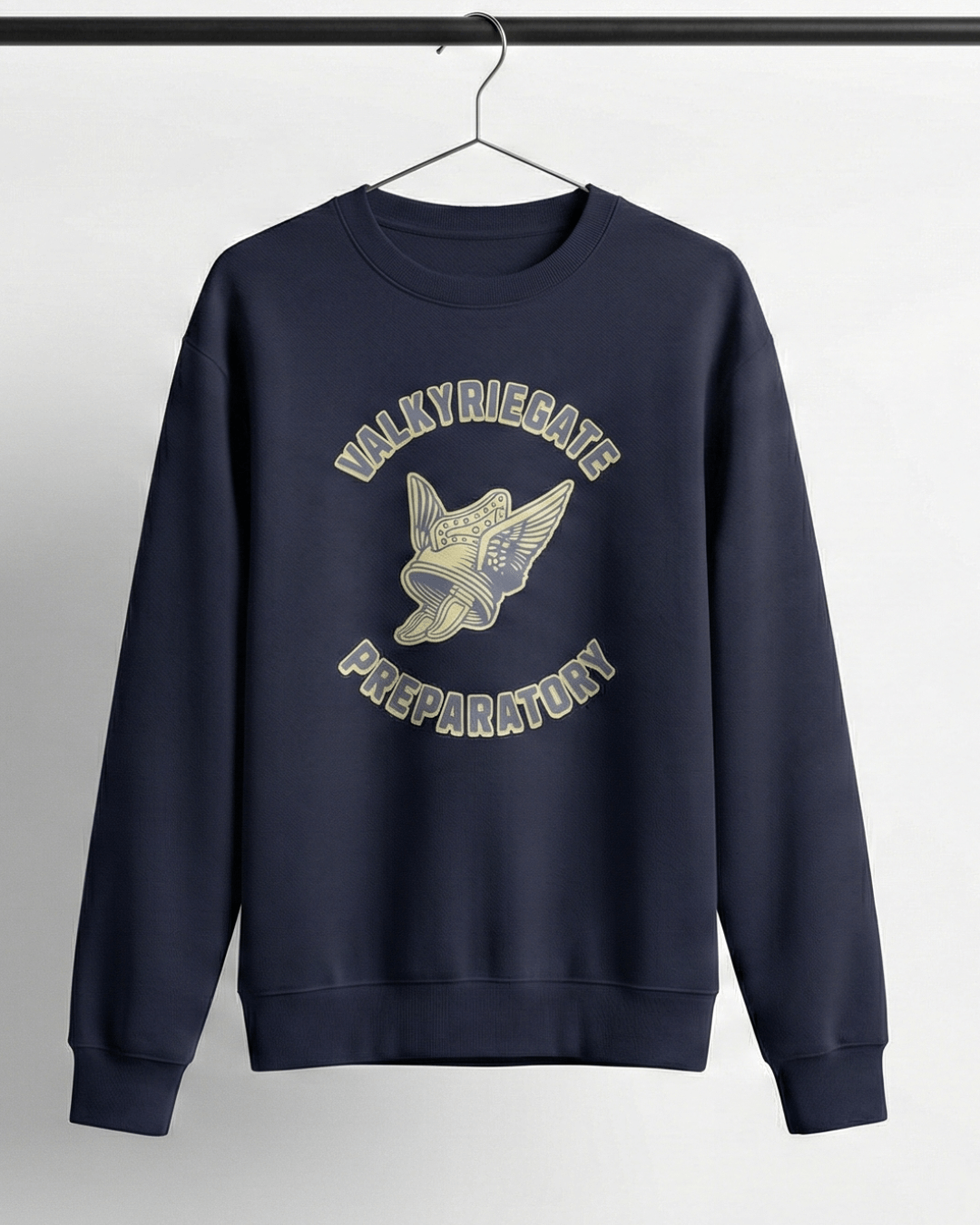 VALKYRIE GATE HEAVY SWEATER featuring winged helmet emblem and collegiate lettering on a navy background.