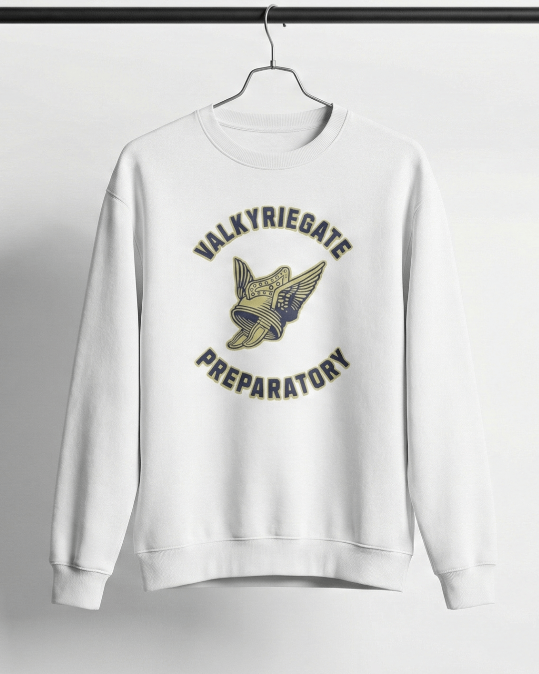 VALKYRIE GATE HEAVY SWEATER featuring a winged helmet emblem and collegiate lettering on a white background.