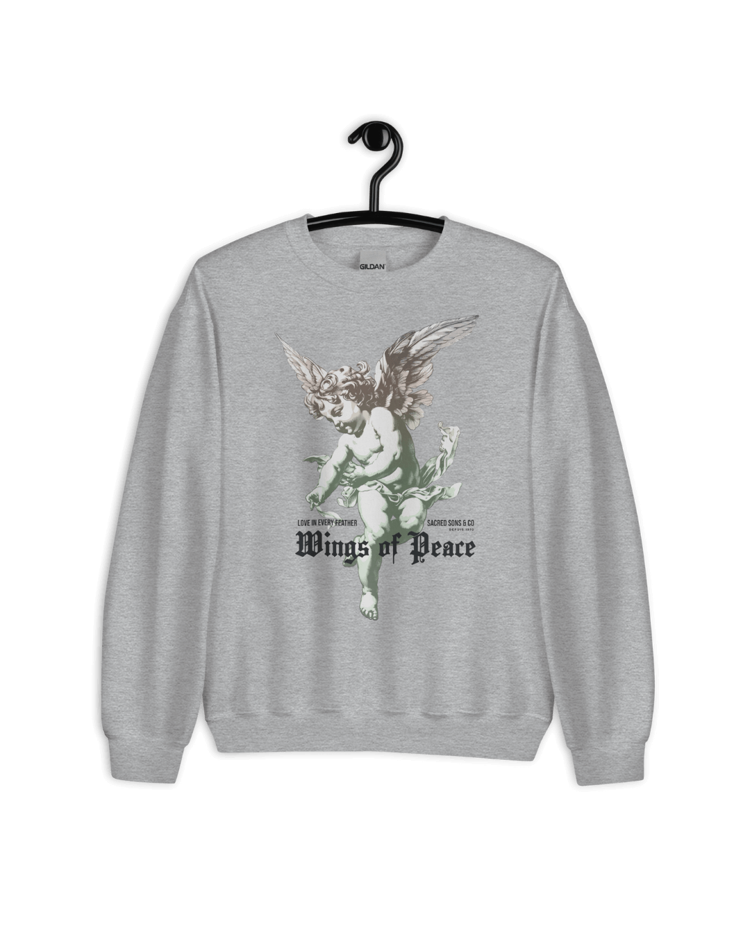 WINGS OF PEACE SWEATER featuring an angel design, symbolizing hope, peace, and unity in a stylish gray unisex look.