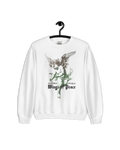 WINGS OF PEACE SWEATER featuring angel wings design on a white unisex sweatshirt, symbolizing peace and unity.