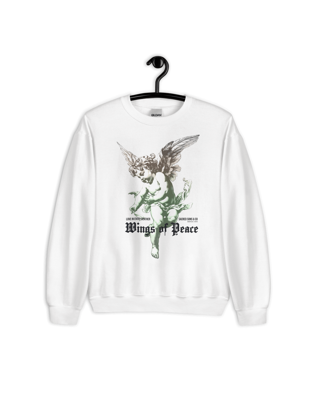 WINGS OF PEACE SWEATER featuring angel wings design on a white unisex sweatshirt, symbolizing peace and unity.