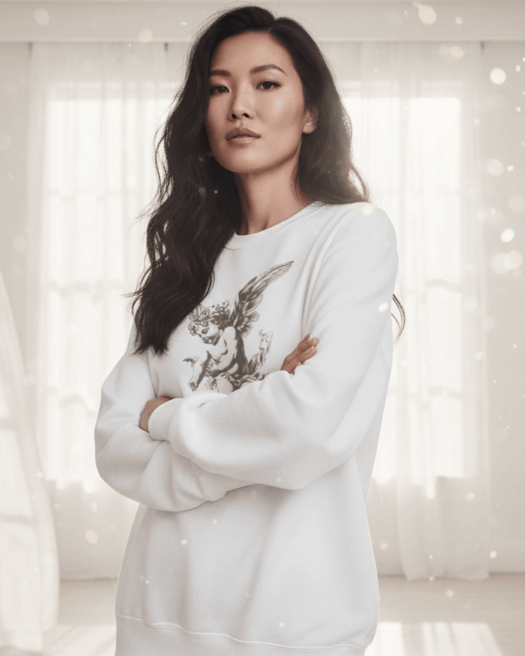 WINGS OF PEACE SWEATER worn by a model, featuring angelic wings design symbolizing peace and unity.