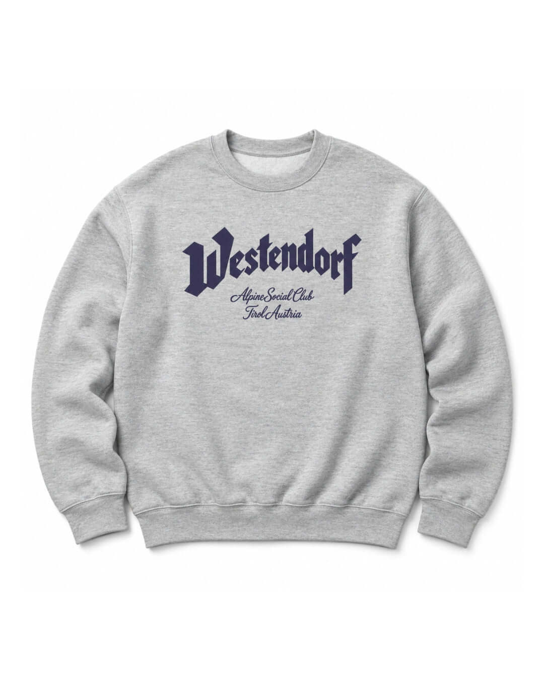 Athletic Heather Westendorf Alpine Social Club Heavy Sweater with dark navy front print, front view.