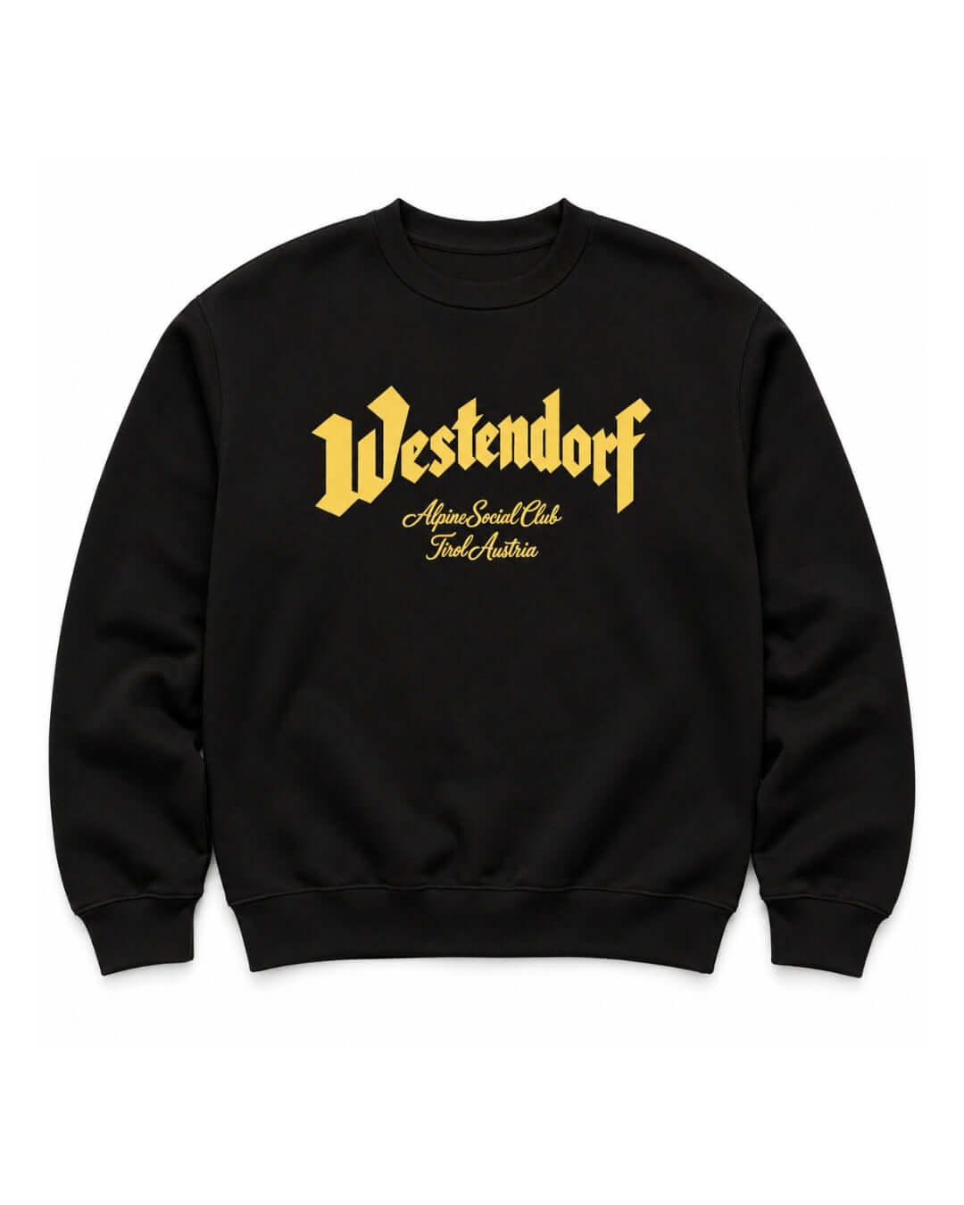 Black Westendorf Alpine Social Club Heavy Sweater with yellow front print, front view.