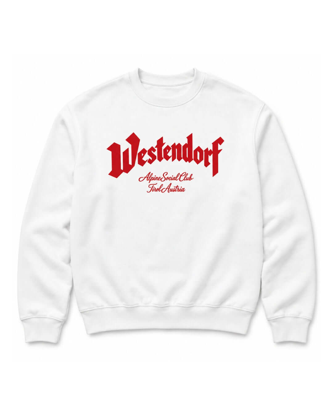 White Westendorf Alpine Social Club Heavy Sweater with red front print, front view.