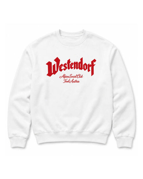White Westendorf Alpine Social Club Heavy Sweater with red front print, front view.