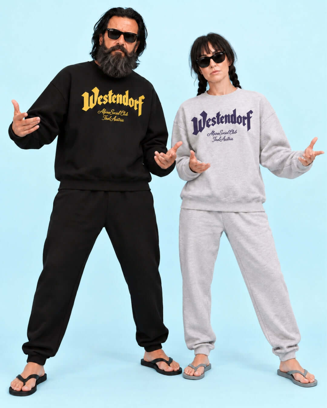 Walter in Black and Helga in Athletic Heather Westendorf Alpine Social Club Heavy Sweaters.