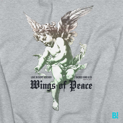 WINGS OF PEACE Wrap yourself in comfort with the Classic "Wings of Peace" Sweater, featuring a timeless design by DEPUIS 1970. Made from a 50/50 blend of pre-shrunk Cotton and Polyester this Sweater offers a Soft Feel & Perfect fit. Size & Measure Guides