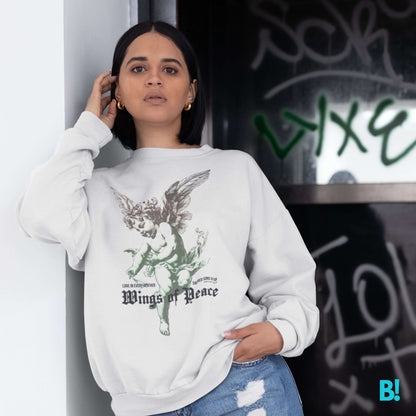 WINGS OF PEACE Wrap yourself in comfort with the Classic "Wings of Peace" Sweater, featuring a timeless design by DEPUIS 1970. Made from a 50/50 blend of pre-shrunk Cotton and Polyester this Sweater offers a Soft Feel & Perfect fit. Size & Measure Guides