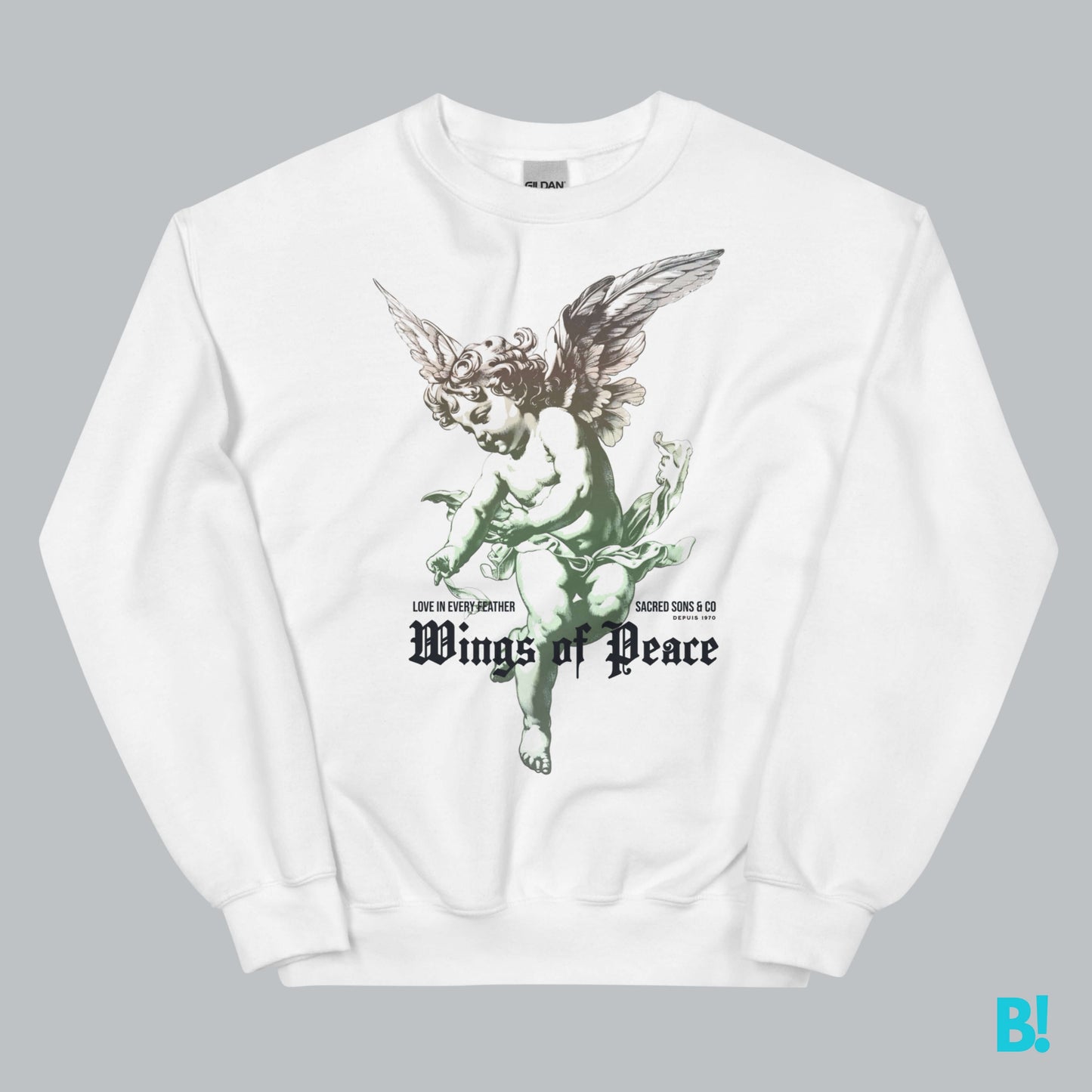 WINGS OF PEACE Wrap yourself in comfort with the Classic "Wings of Peace" Sweater, featuring a timeless design by DEPUIS 1970. Made from a 50/50 blend of pre-shrunk Cotton and Polyester this Sweater offers a Soft Feel & Perfect fit. Size & Measure Guides