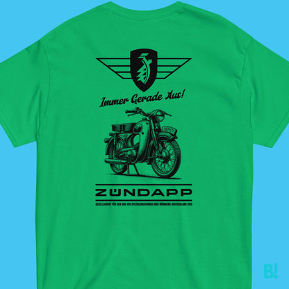 Zündapp Moped 1950 Vintage Design T-Shirt Enjoy the Vintage allure of our Zundapp Moped T-Shirt, inspired by the sophistication of 1950's advertising. 'Immer Gerade aus'. embodies the Zundapp legacy of excellence and innovation. Own a piece of history wit